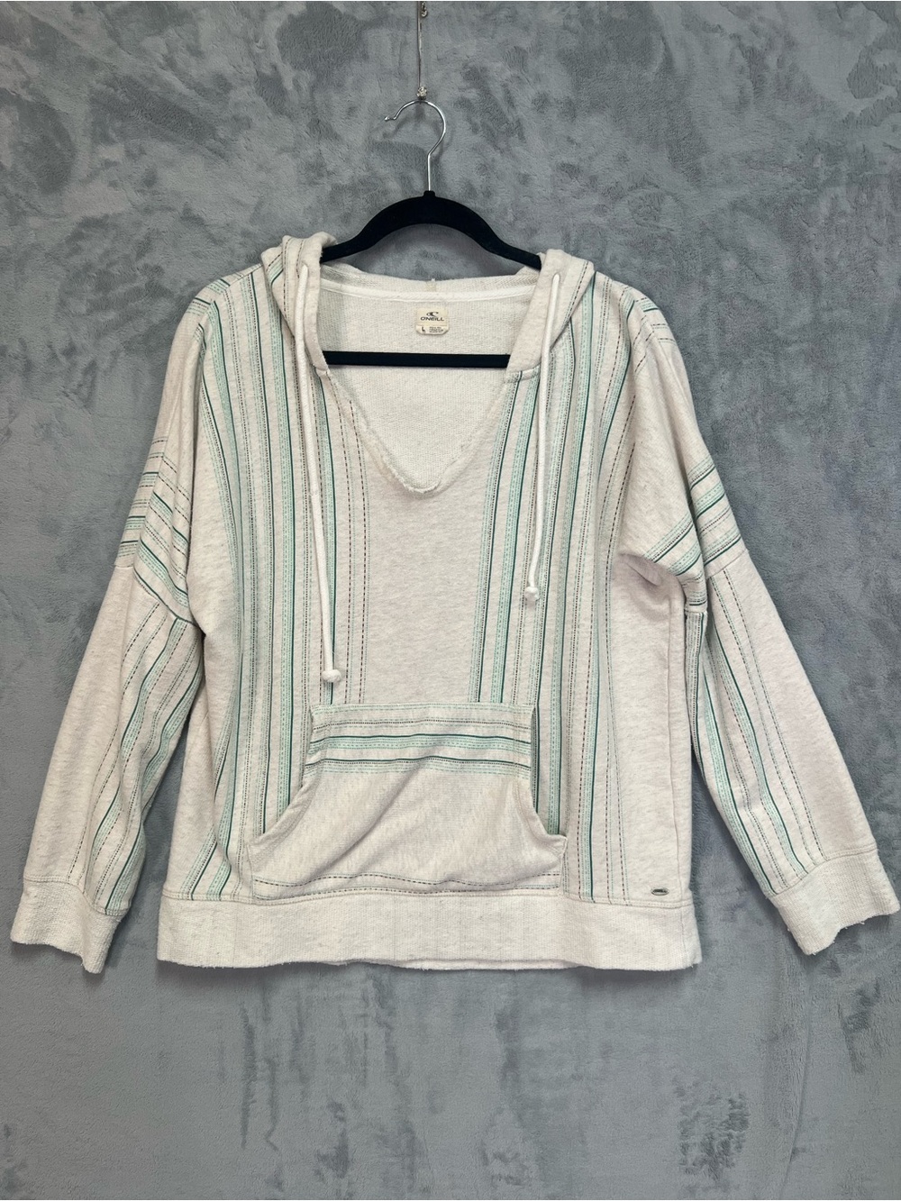 ONeill Women Large Striped Baja Hoodie V-Neck Kangaroo Pocket Cream Green Surf